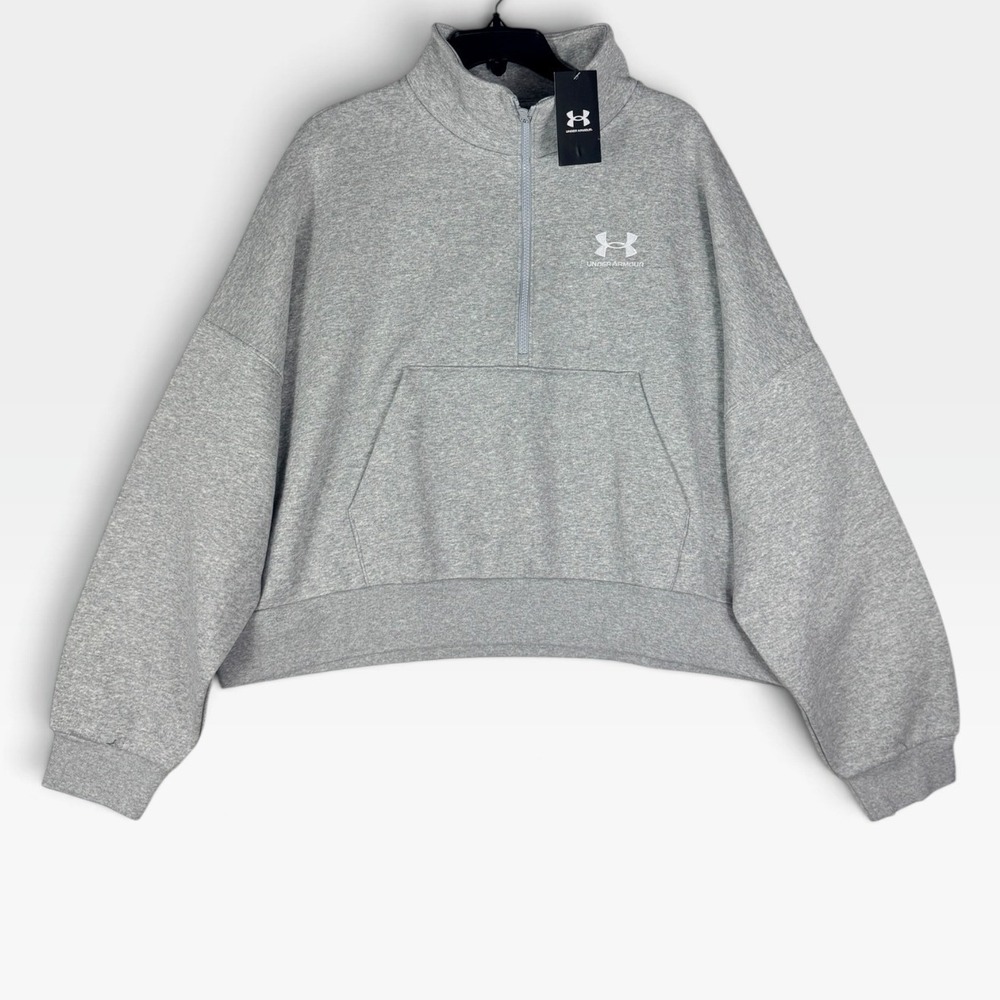 Under Armour Icon Fleece Oversized Half Zip Womens XL Gray Cropped Pullover NEW